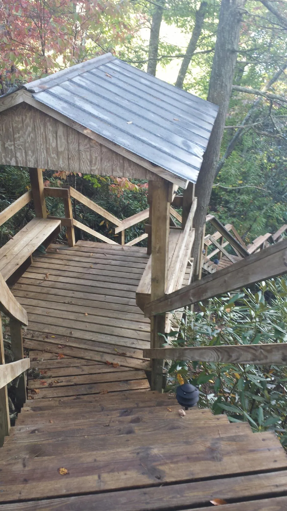 Metal roofed shelter over wooden steps on a wooded walkway — Skylight Repair & Installation work by our crew in Table Grove